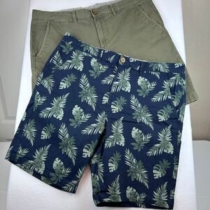 Jachs New York Mens Chino Shorts Bundle Olive Green Navy Tropical Leaf W:34